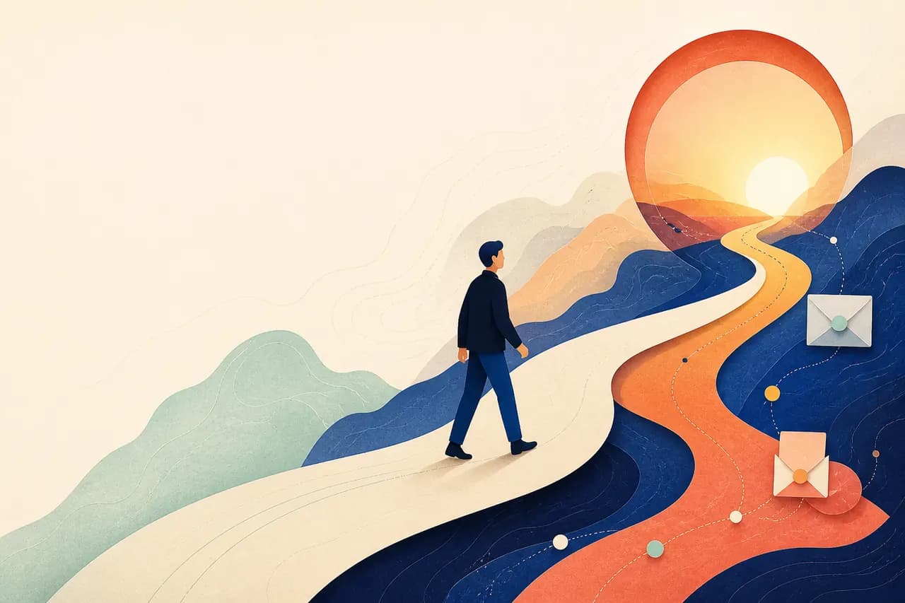Illustratie van een professional die via een kleurrijke route naar een nieuwe horizon wandelt